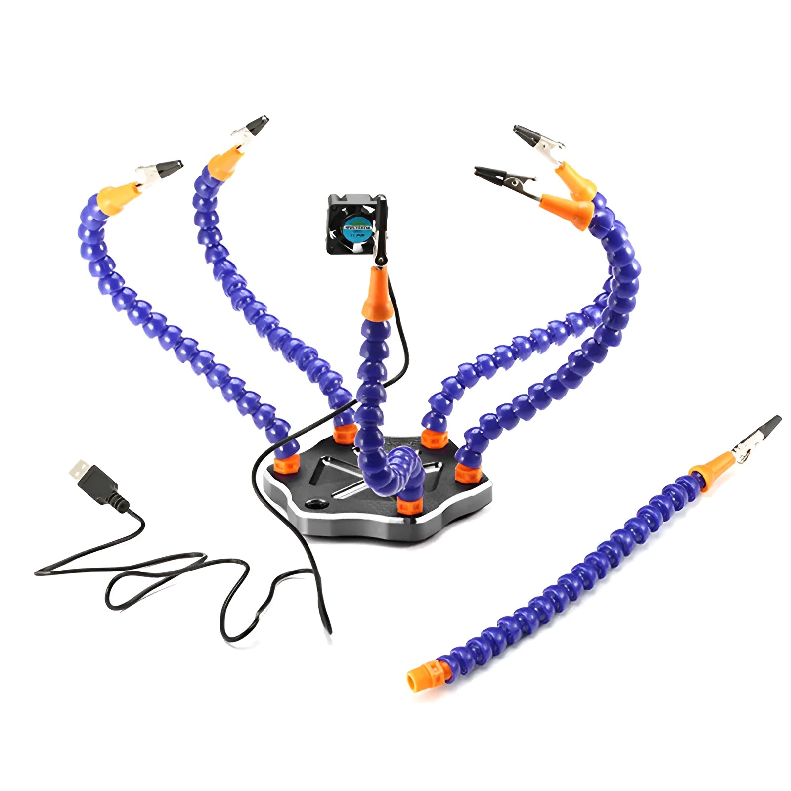 Black and purple six-claw aluminium alloy welding station tool with multiple arms for model repair soldering.