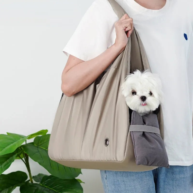 Apricot colour cloth pet carrier handbag with dimensions 41 cm long by 16 cm wide by 28 cm high