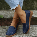 Women's flat slip-on loafers in soft PU leather shown in available colours with round toe and rubber sole
