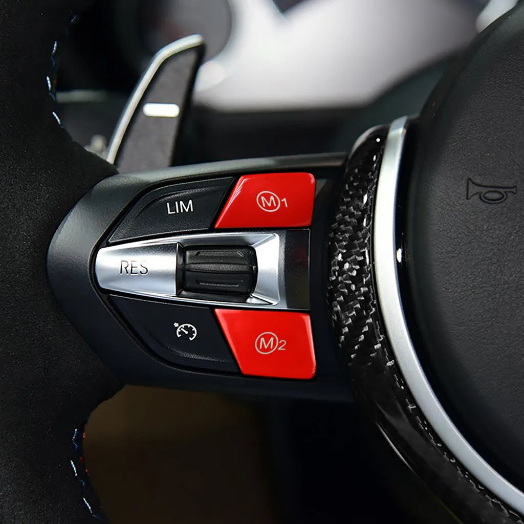 BMW steering wheel M1 and M2 mode button set in red and blue colours with installation keys.