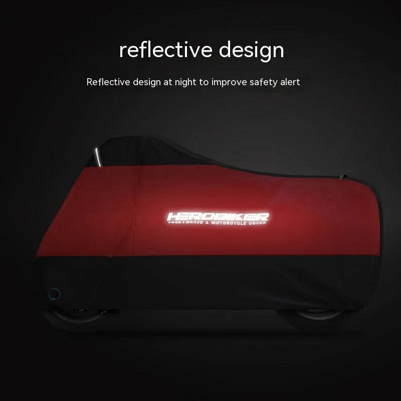 Polyester motorcycle cover in black colour shown covering a parked motorcycle for weather protection
