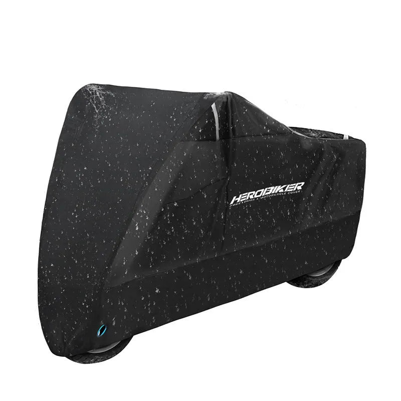 Polyester motorcycle cover in black colour shown covering a parked motorcycle for weather protection