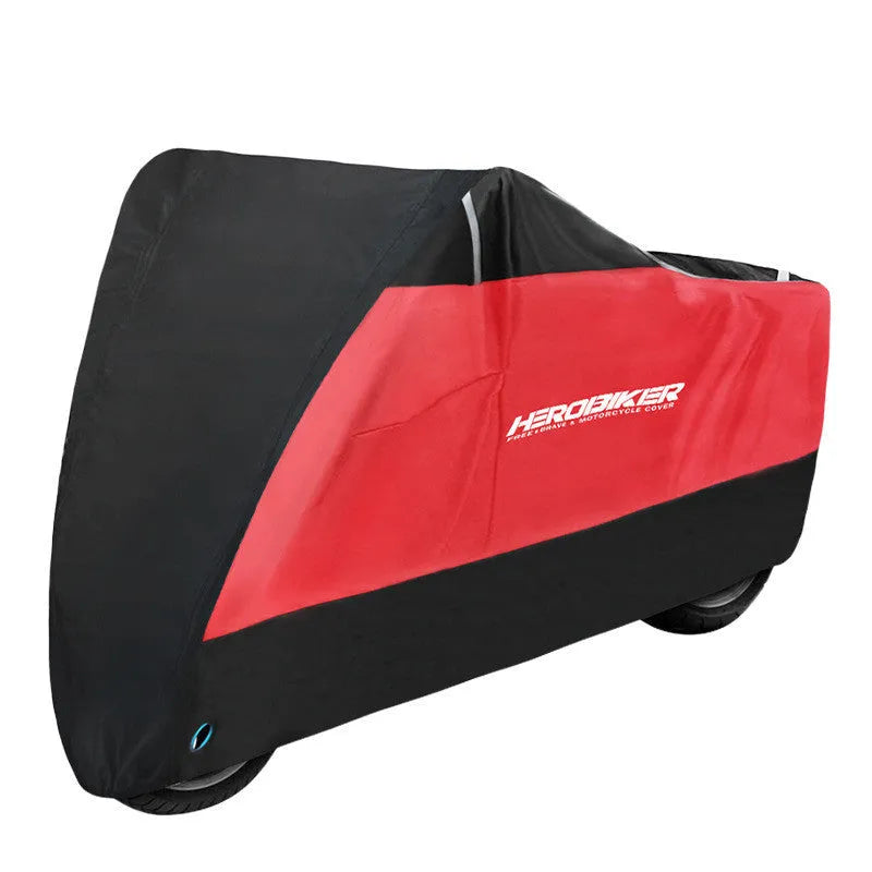Polyester motorcycle cover in black colour shown covering a parked motorcycle for weather protection