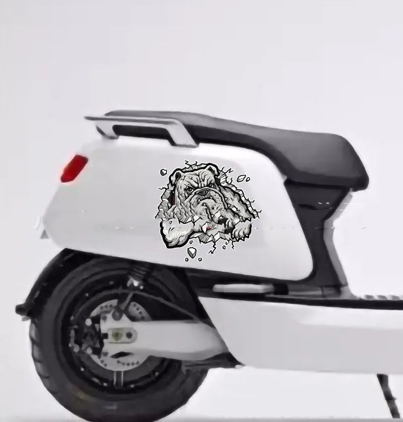 Grey dog pattern motorcycle decorative sticker showing 17cm square dimensions with customisable size options