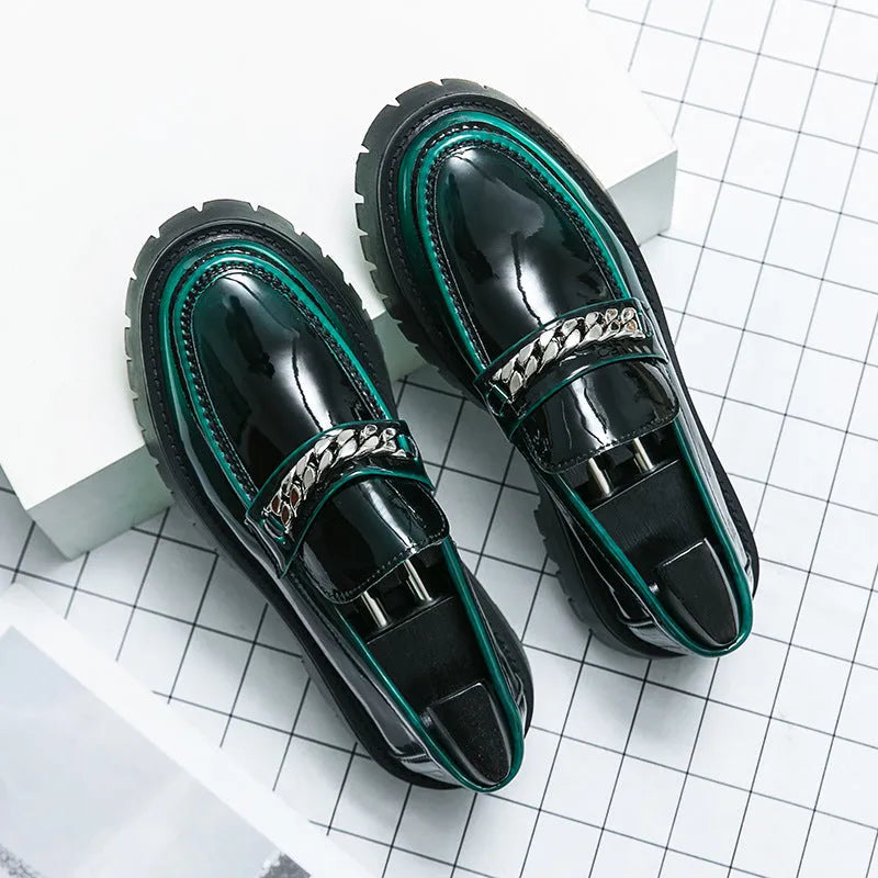Glossy patent leather thick sole chunky heel loafers in green, round head, rubber non-slip sole, side view