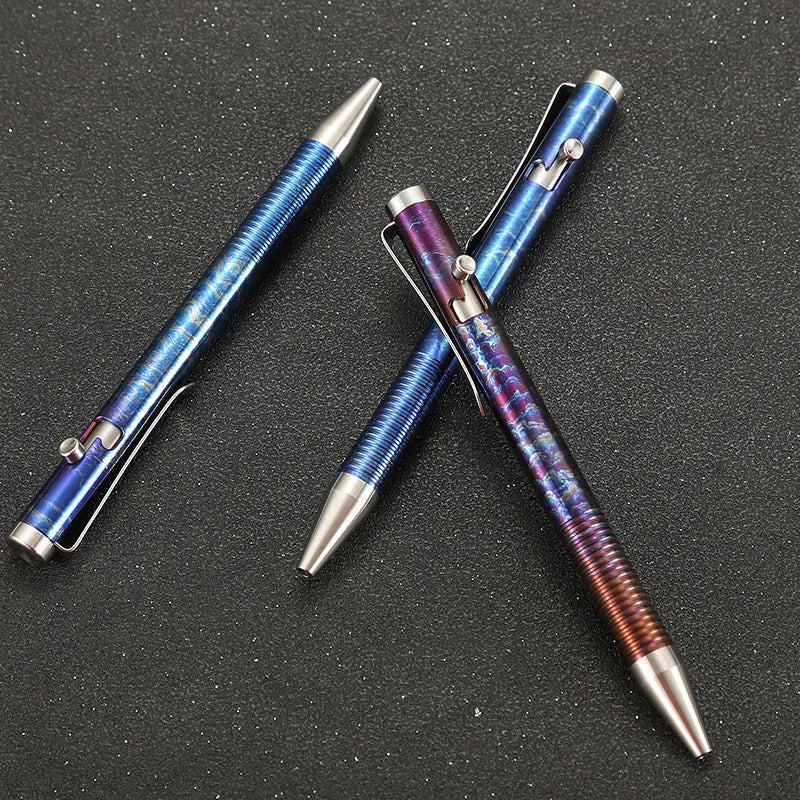 Titanium alloy gun bolt handle ballpoint pen with phantom colour finish showing knurled grip texture