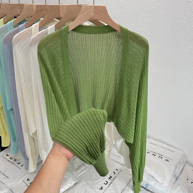 Linen blend blouse with long lantern sleeves and hollow-out design in multiple colour options