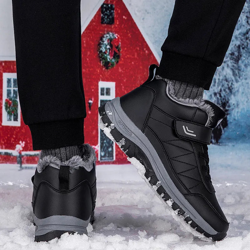 Men's high-top hiking shoes in black, with lace-up closure and rubber sole on outdoor ground
