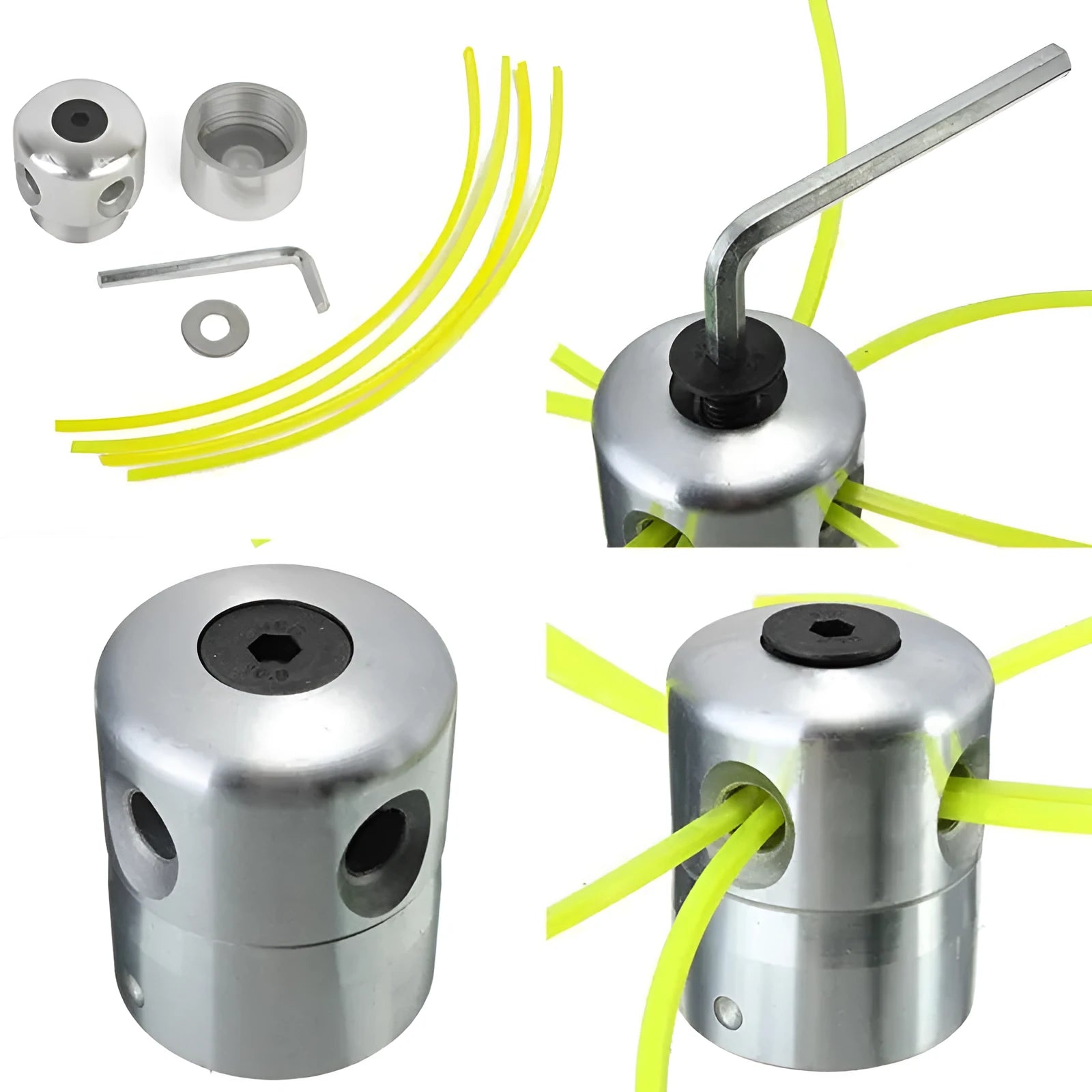 Silver aluminium lawn mower cylinder grass head accessory with four light yellow grass ropes