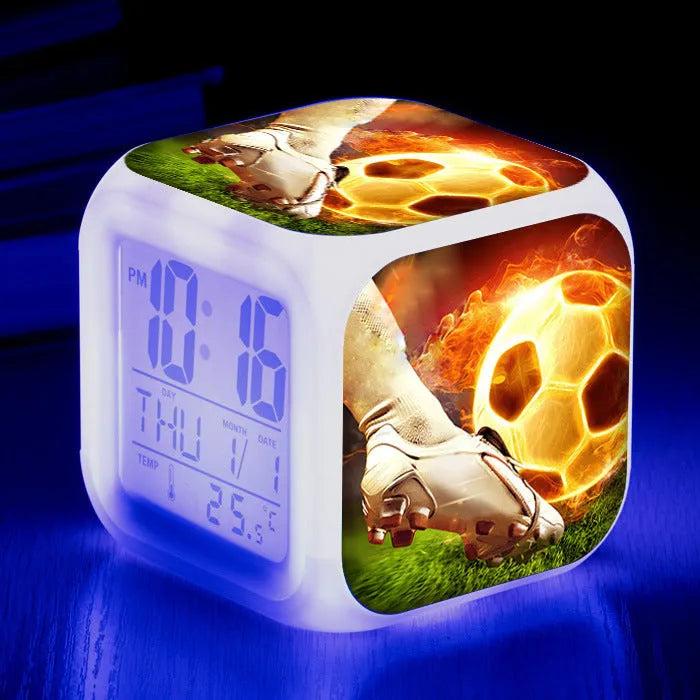 Square football pattern alarm clock with silent function for children