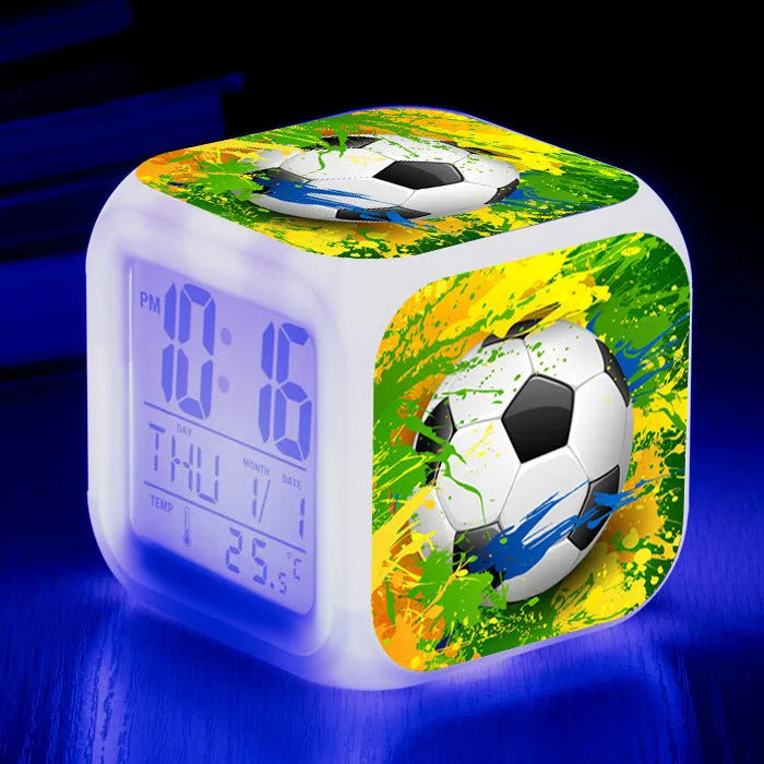 Square football pattern alarm clock with silent function for children