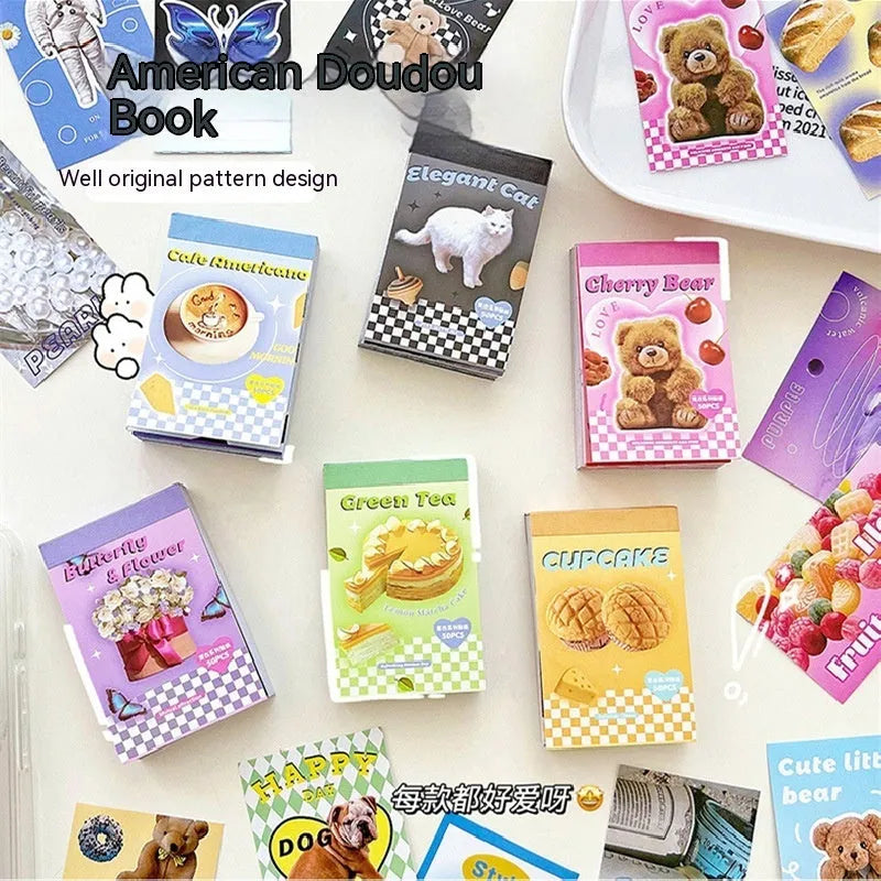 American retro cartoon sticker book showing six colour variations of 4x6cm adhesive sheets
