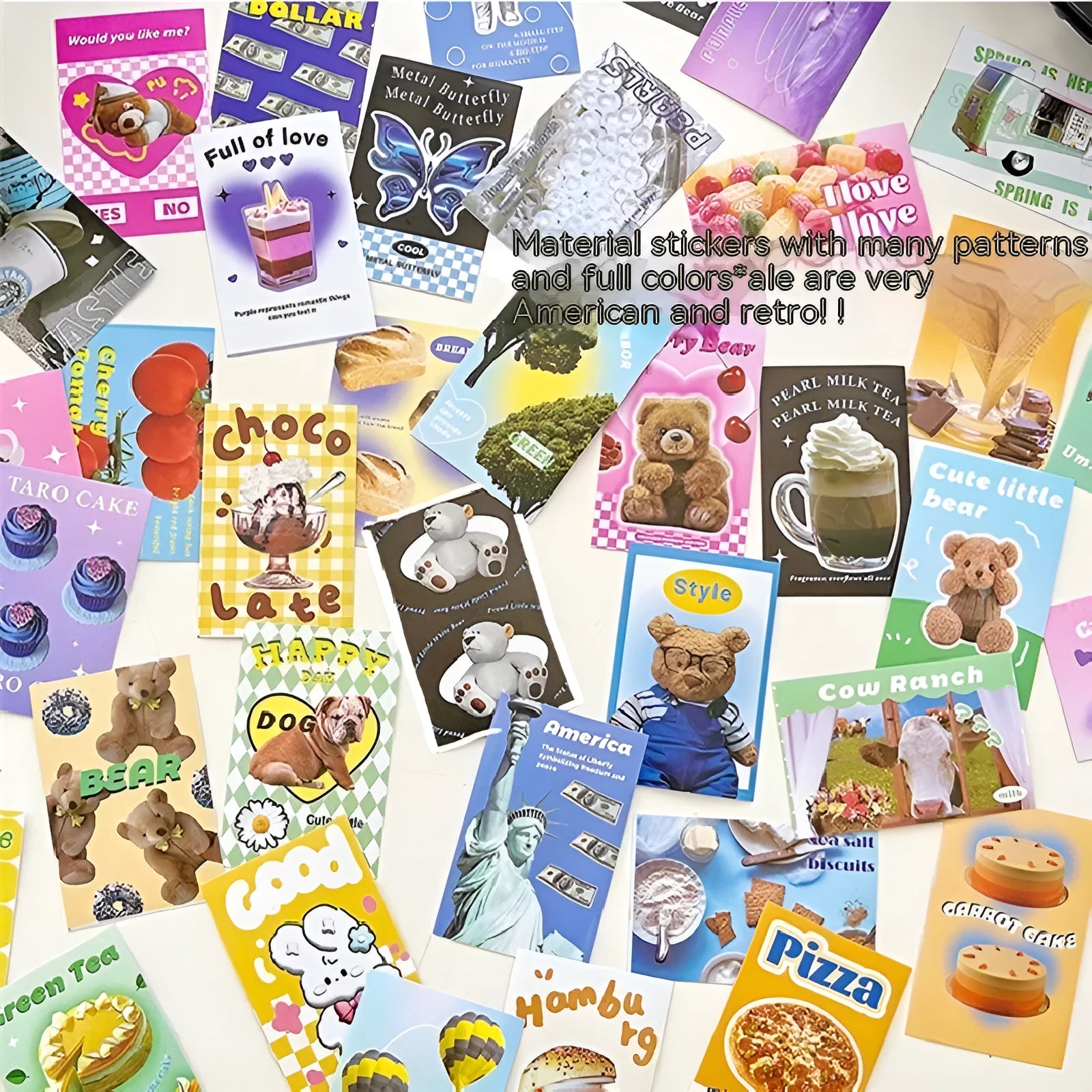 American retro cartoon sticker book showing six colour variations of 4x6cm adhesive sheets
