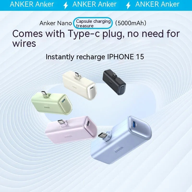 Compact capsule power bank in multiple colours showing USB-C port and foldable connector