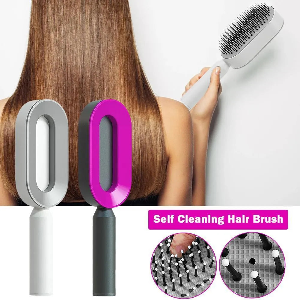 Automatic cleaning hair comb with 3D air cushion in pink, measuring 25x7x5cm, with ergonomic handle for scalp massage