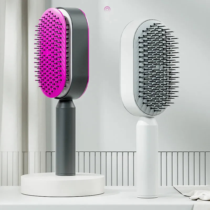 Automatic cleaning hair comb with 3D air cushion in pink, measuring 25x7x5cm, with ergonomic handle for scalp massage