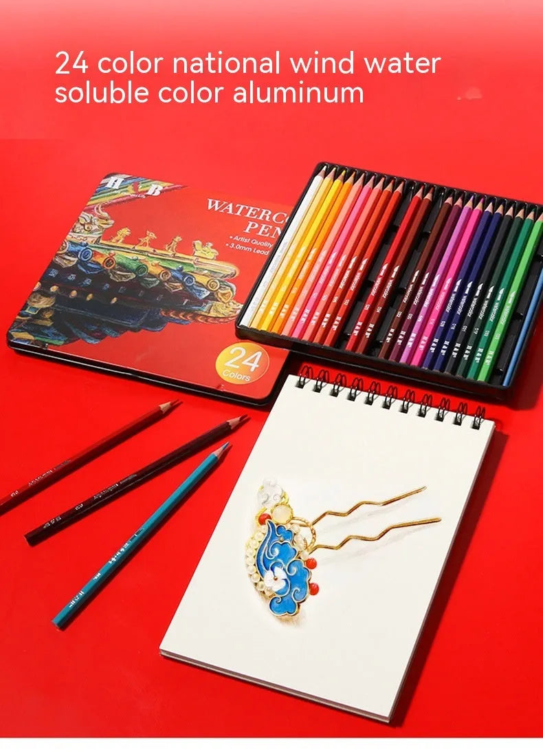 Water-soluble coloured pencils in iron tin with 24 colours for drawing and painting