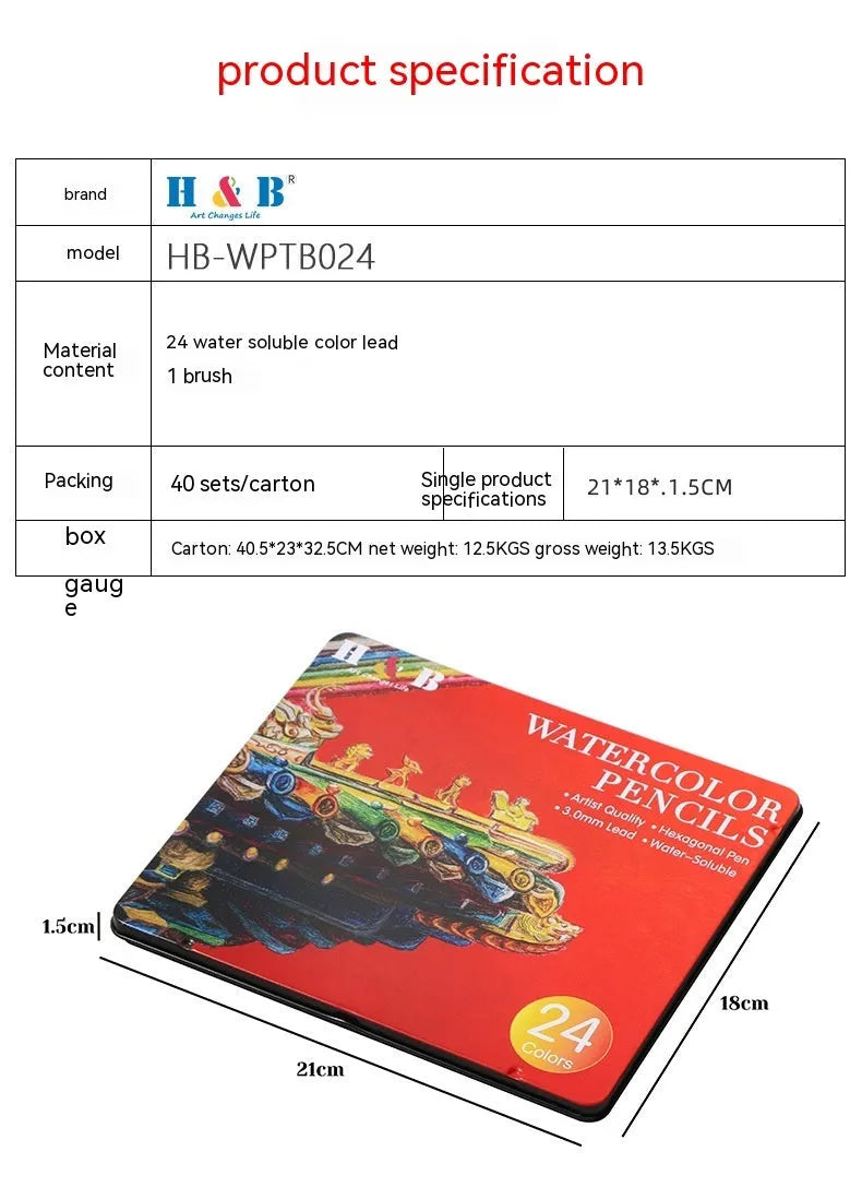 Water-soluble coloured pencils in iron tin with 24 colours for drawing and painting