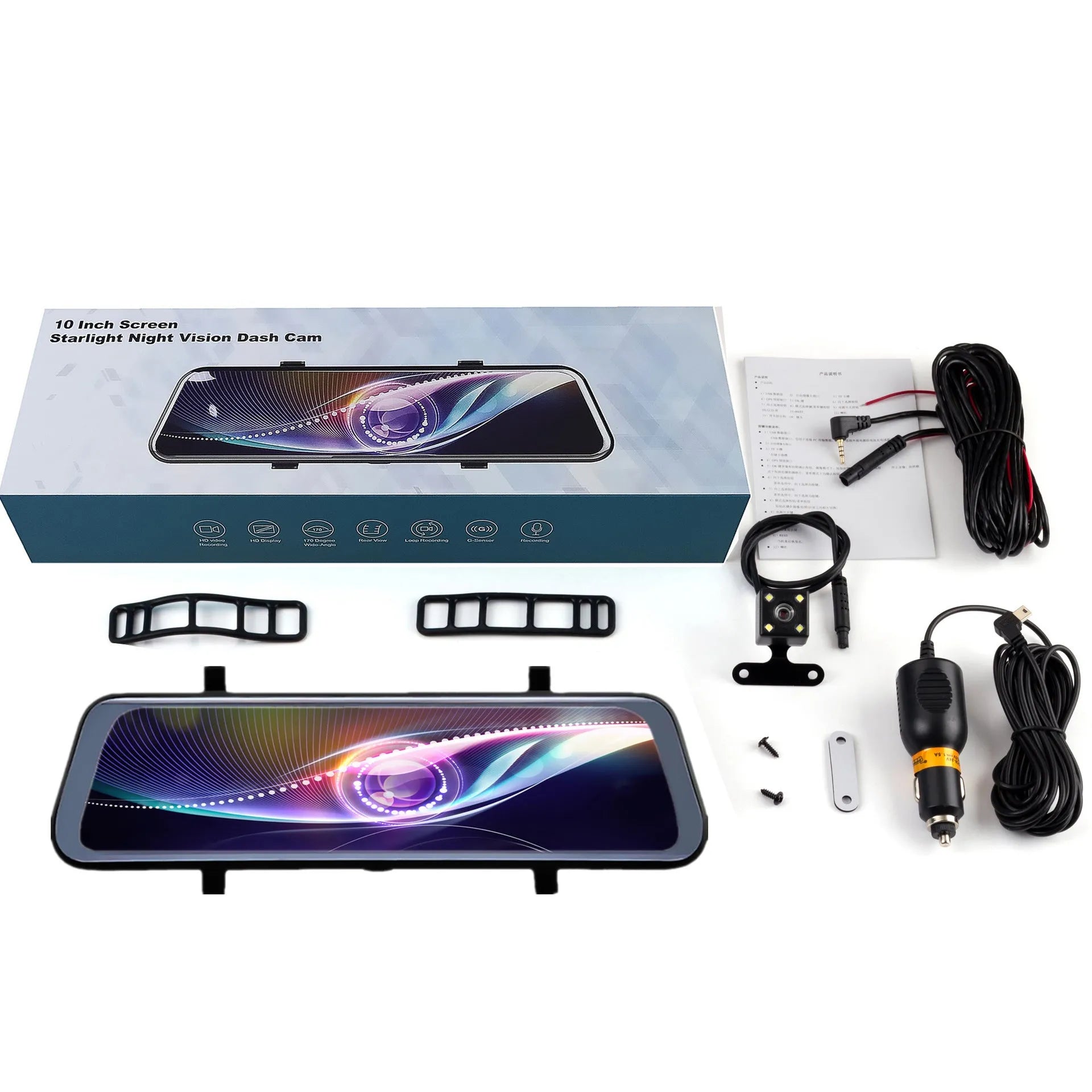 Black rearview mirror driving recorder with 10-inch touch screen display mounted in a car.