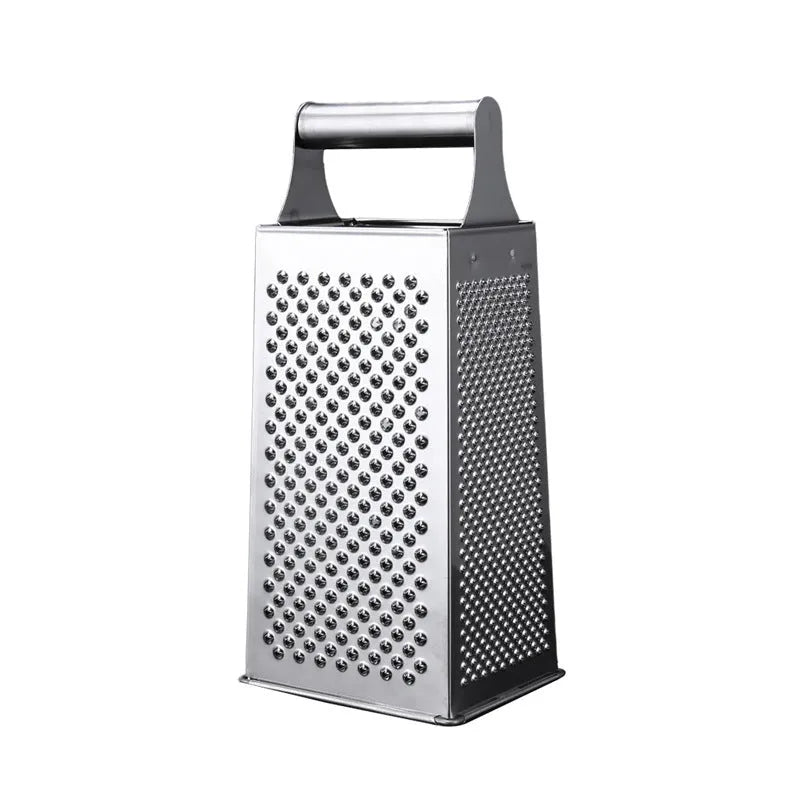 Multifunctional stainless steel vertical grater with cylindrical handle on a kitchen counter