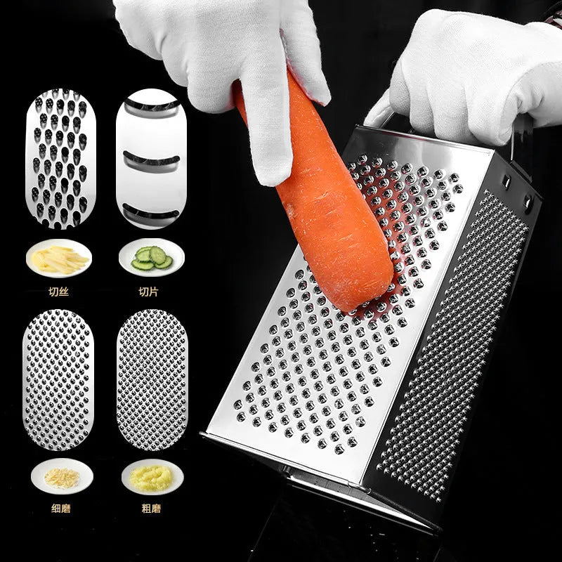 Multifunctional stainless steel vertical grater with cylindrical handle on a kitchen counter