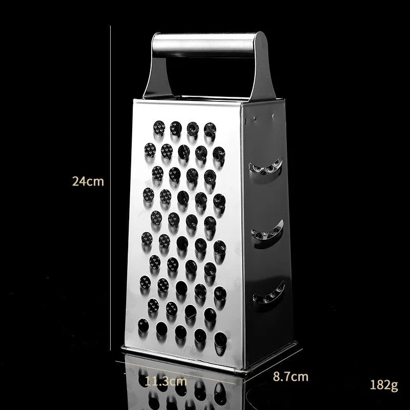 Multifunctional stainless steel vertical grater with cylindrical handle on a kitchen counter