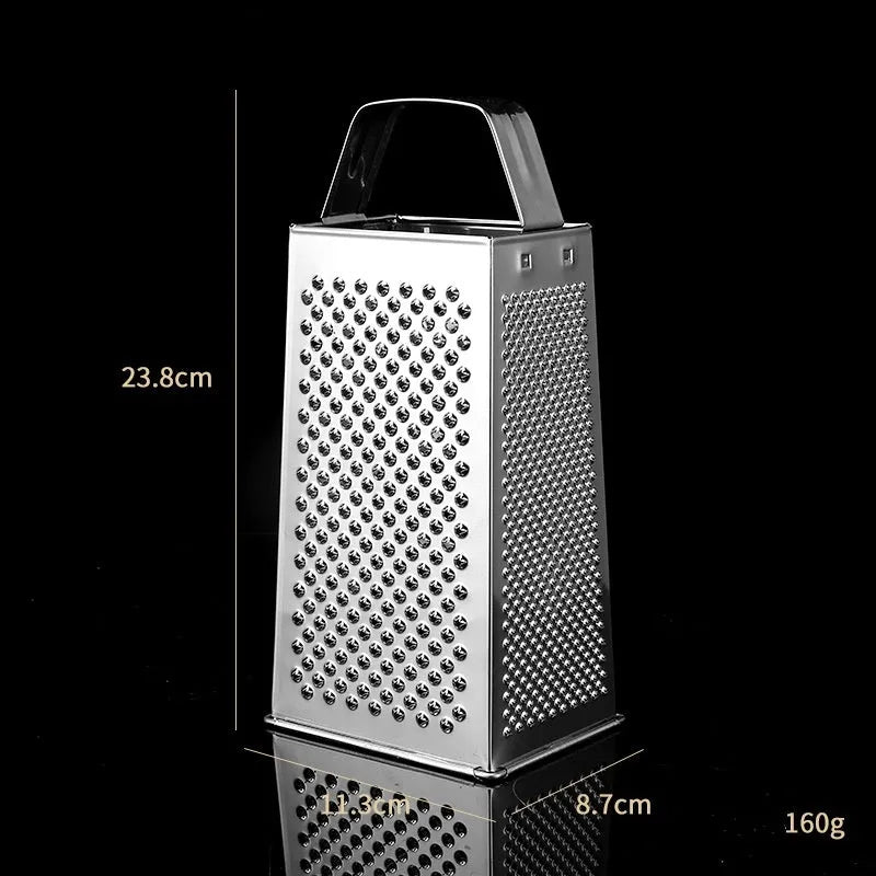 Multifunctional stainless steel vertical grater with cylindrical handle on a kitchen counter