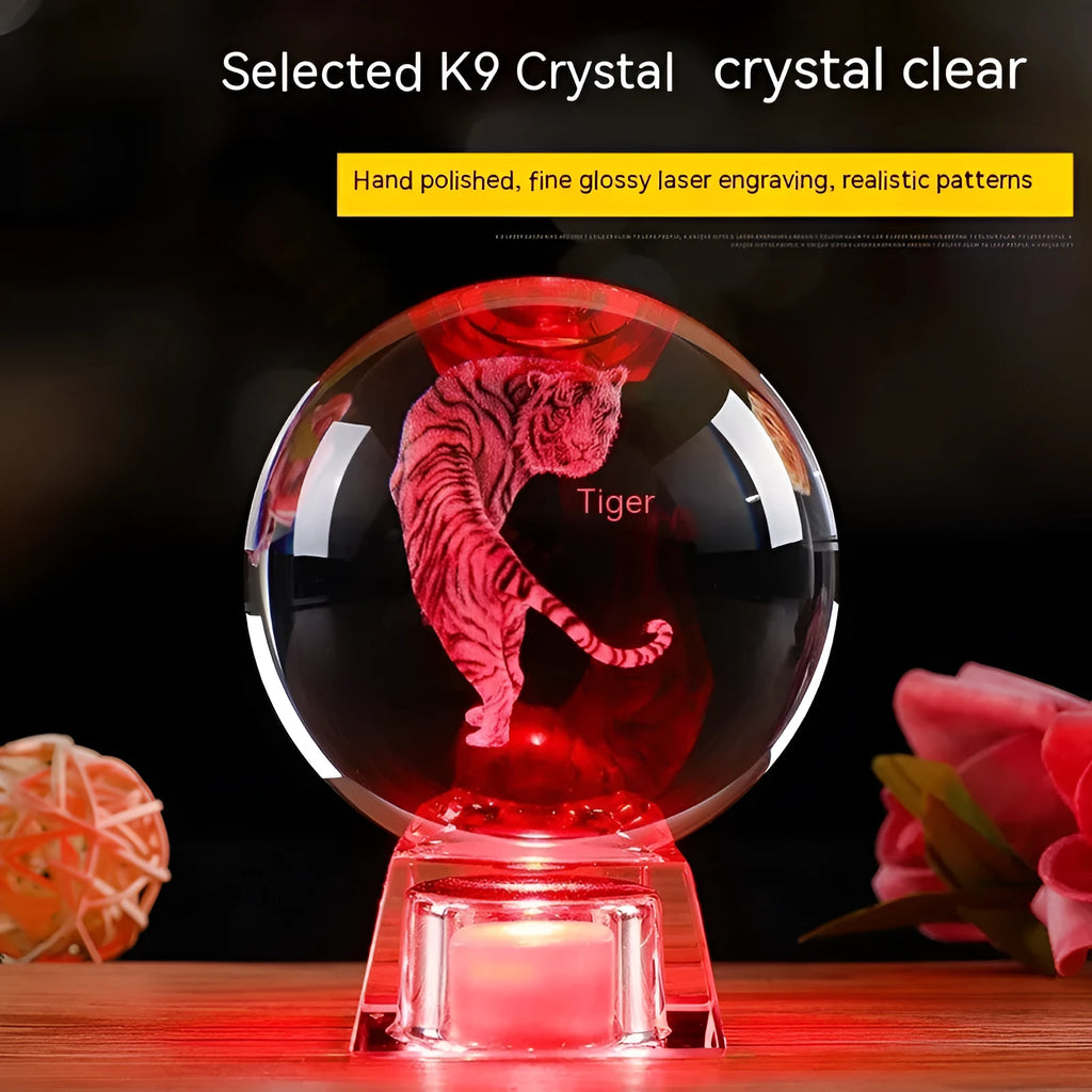 White crystal ball zodiac lamp with electronic base showing Chinese animal motif