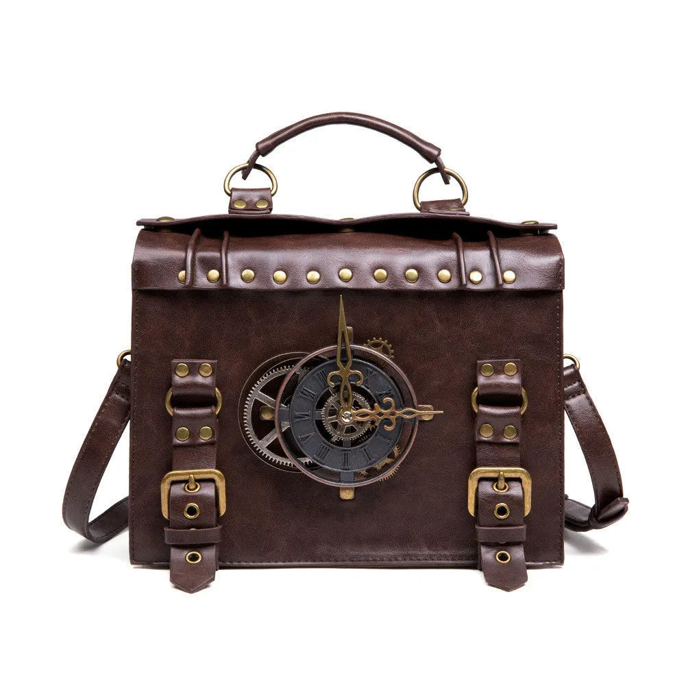 Bronze steampunk industrial retro shoulder bag with metal hardware and square pillow shape.