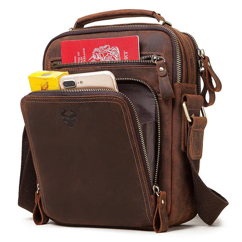 Men's brown genuine leather single-shoulder crossbody bag with sewing line detailing.