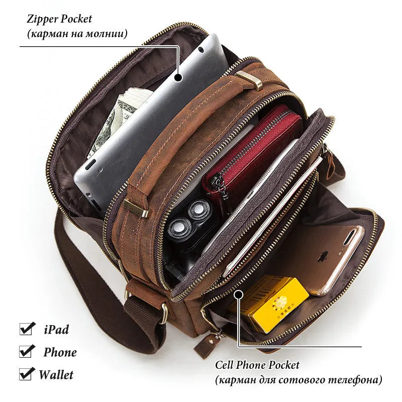 Men's brown genuine leather single-shoulder crossbody bag with sewing line detailing.