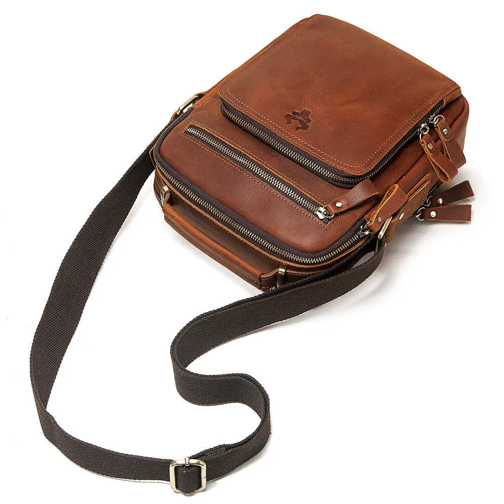 Men's brown genuine leather single-shoulder crossbody bag with sewing line detailing.