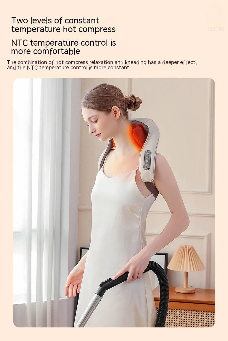 Milky white rechargeable shoulder and neck massager with infrared physiotherapy for cervical spine relief