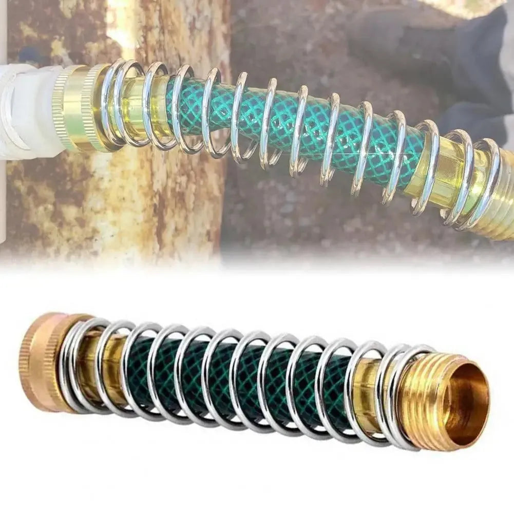 Brass garden hose spring connector with spiral anti-kink design and threaded joints