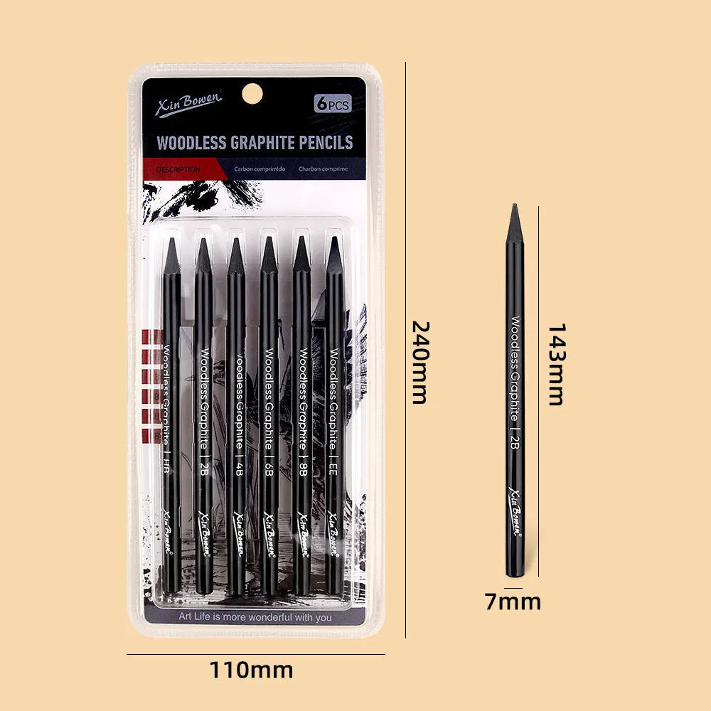 Six wood-free graphite sketching pencils showing different darkness grades from HB to EE