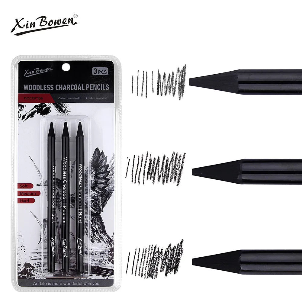 Six wood-free graphite sketching pencils showing different darkness grades from HB to EE
