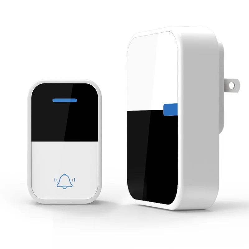 White plastic wireless doorbell with receiver unit showing modern design and compact dimensions