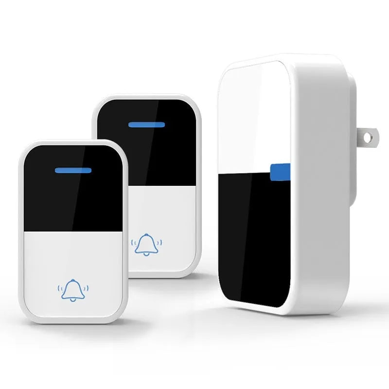 White plastic wireless doorbell with receiver unit showing modern design and compact dimensions