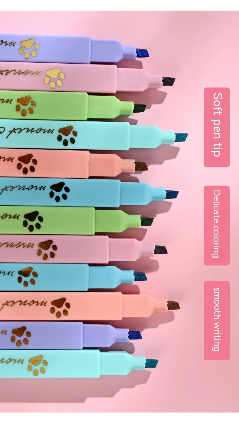 Cat's Paw fluorescent marking pen set showing six coloured pens with oblique heads in plastic packaging