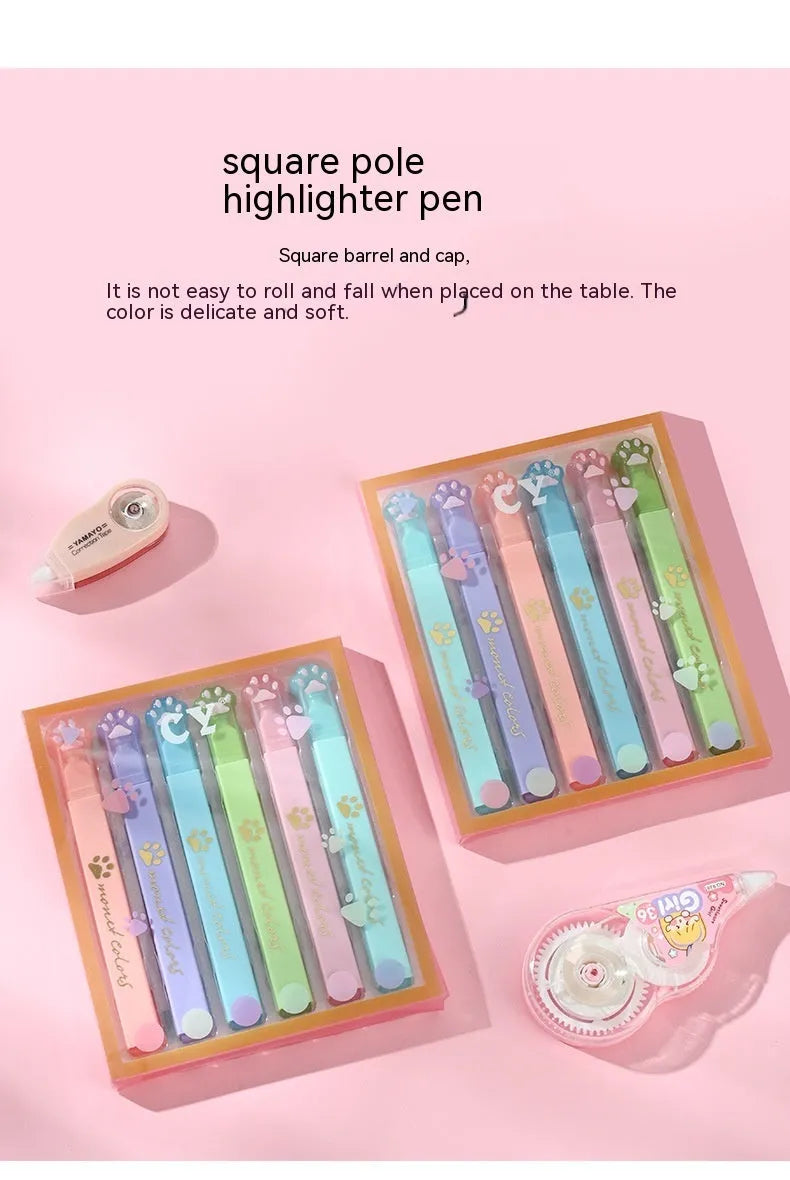 Cat's Paw fluorescent marking pen set showing six coloured pens with oblique heads in plastic packaging
