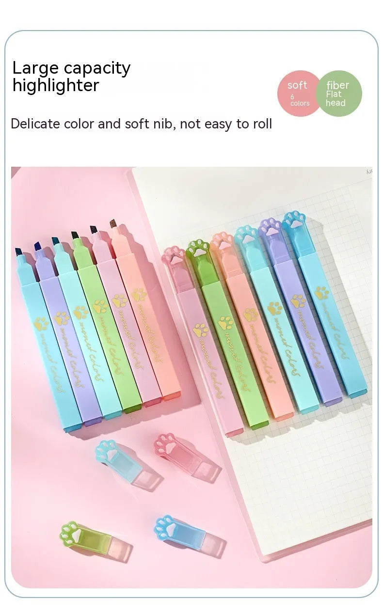 Cat's Paw fluorescent marking pen set showing six coloured pens with oblique heads in plastic packaging