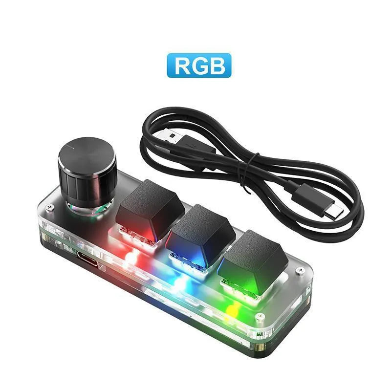 Black custom keypad with RGB backlight and copy paste buttons on desktop
