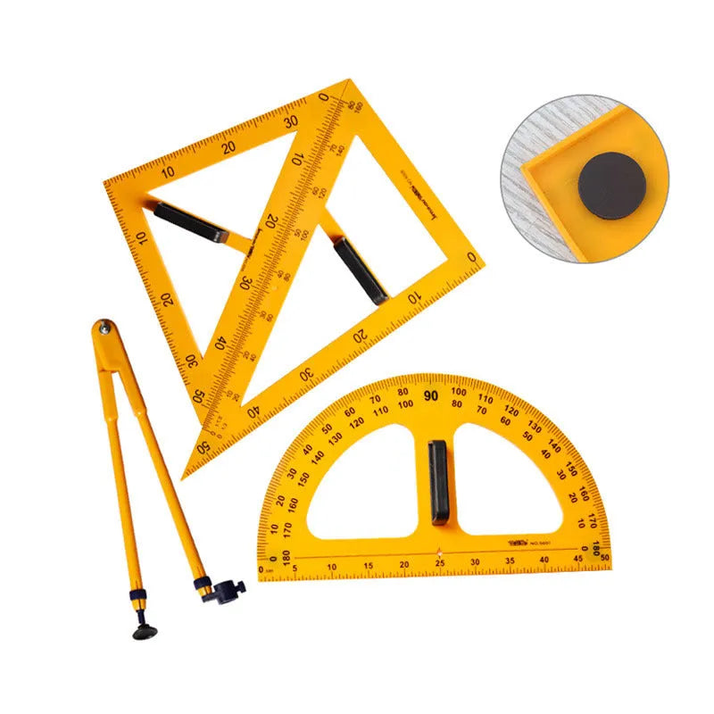 Mathematics teaching tools set with orange and black triangle rulers, protractor and chalk compass
