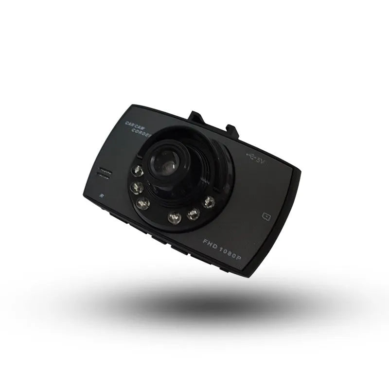 Compact black 1080P night vision dash camera with wide-angle lens mounted on car windscreen