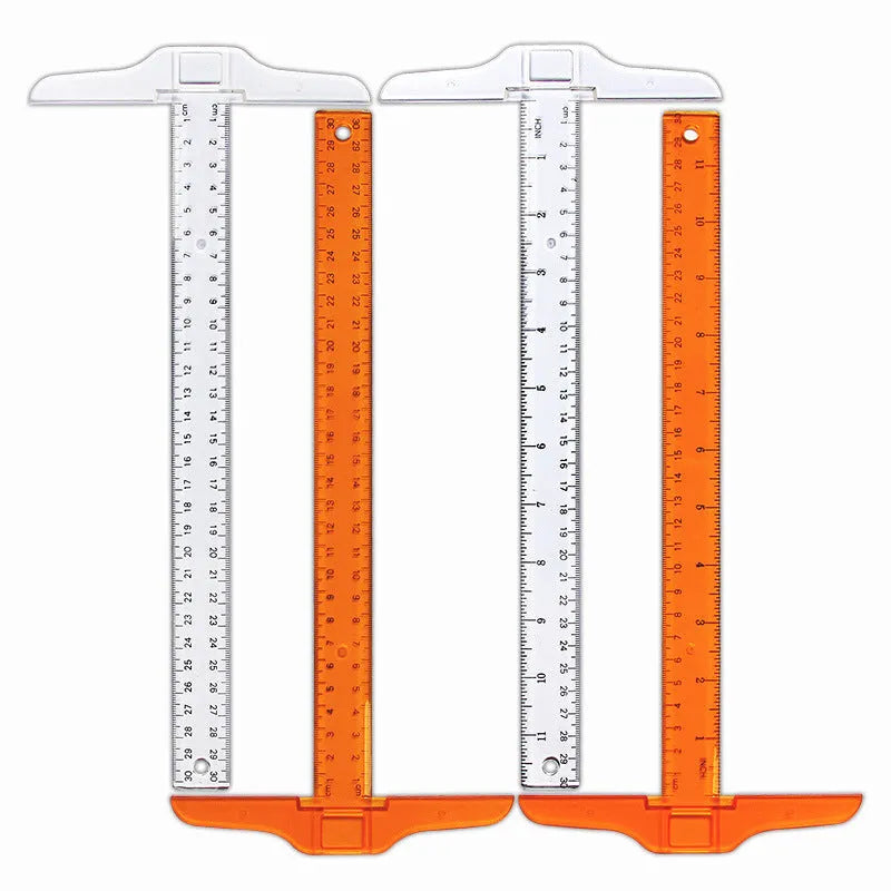Transparent and orange yellow plastic T-shaped rulers with British and double centimetre scale markings
