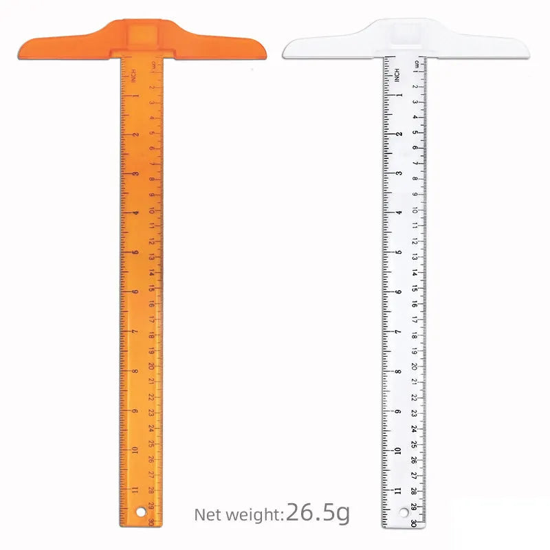 Transparent and orange yellow plastic T-shaped rulers with British and double centimetre scale markings
