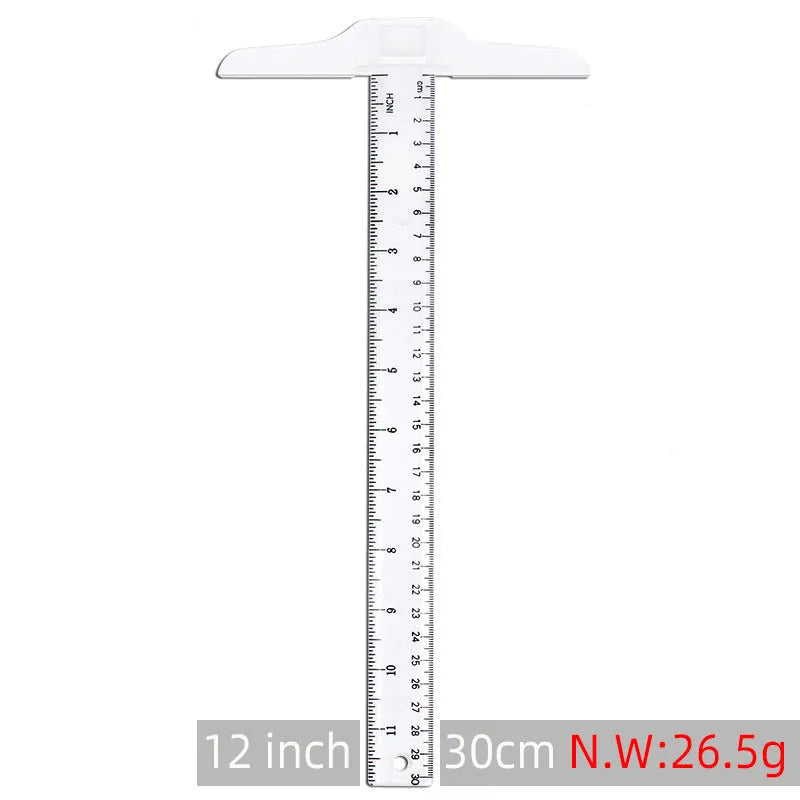 Transparent and orange yellow plastic T-shaped rulers with British and double centimetre scale markings