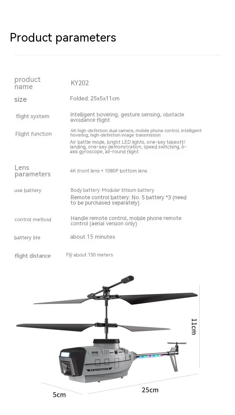 Heifeng plastic reconnaissance helicopter drone with coloured lights on a grey background.