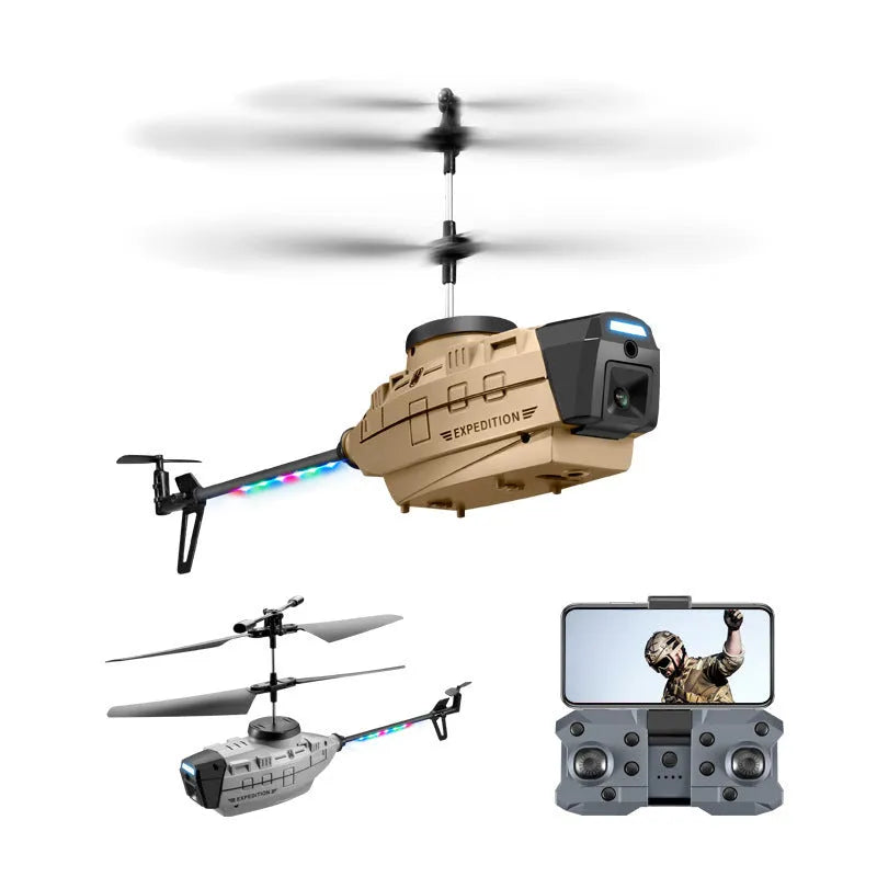 Heifeng plastic reconnaissance helicopter drone with coloured lights on a grey background.