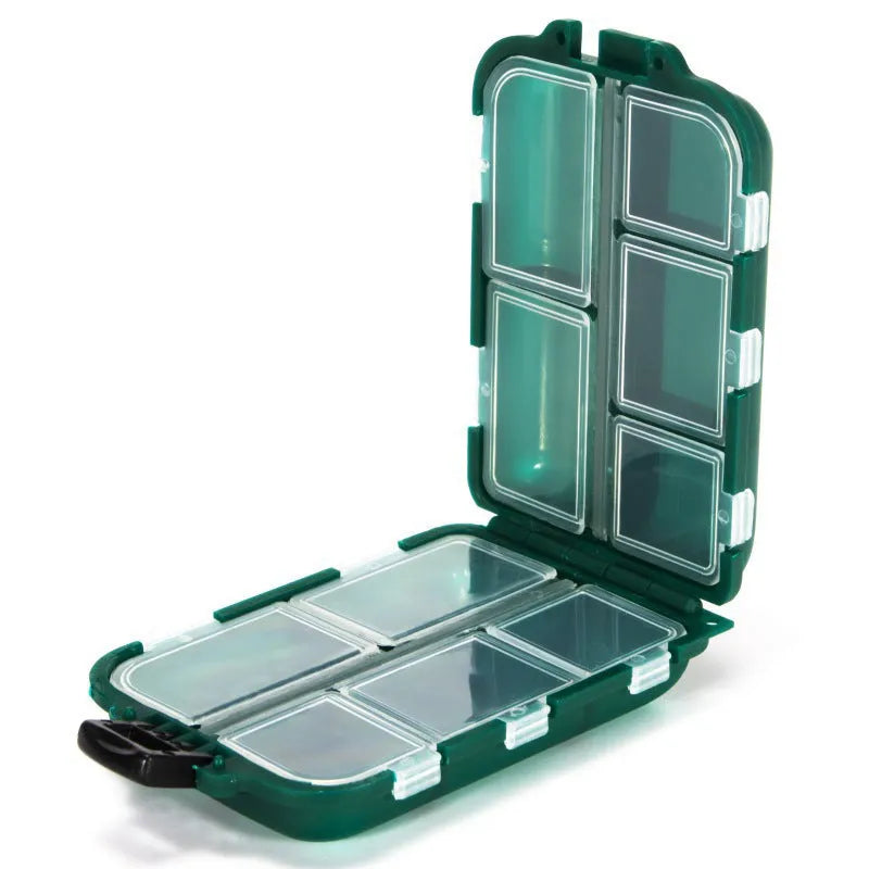 Plastic fishing tackle storage box with 10 compartments in black colour